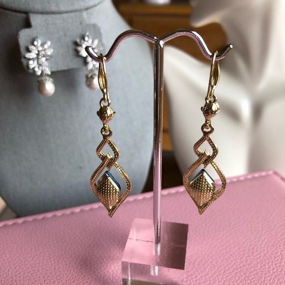 Royal Blue Crystal Geometry Shaped Dangle Earrings By Korea Designer - Picture 8 of 8